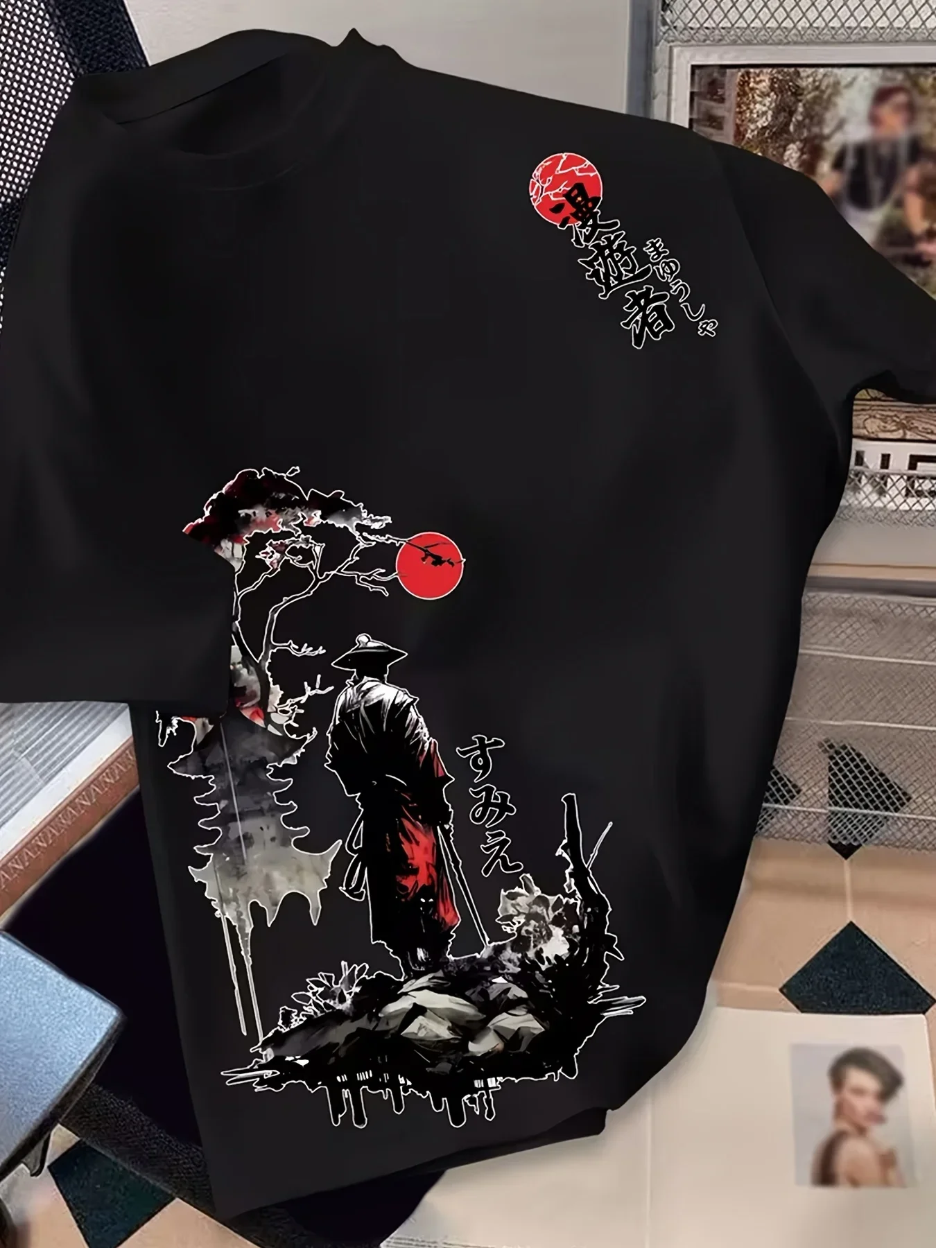 Men Japanese Ink Wash T Shirt Cotton Samurai Mountain Red Sun Graphic Print Oversized Streetwear Casual Short Sleeve Tee Vintage