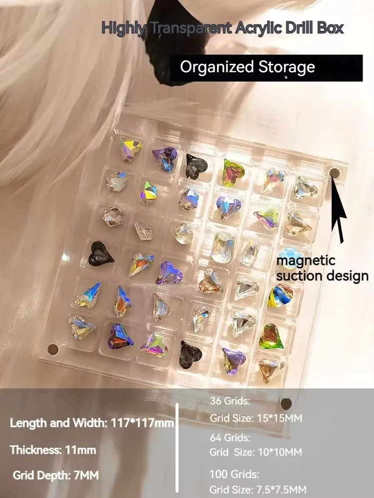 Transparent Acrylic Jewelry Organizer Nail Art Crystal Diamond Stone Jewelry Storage Box Nail Rhinestone Display Organizer