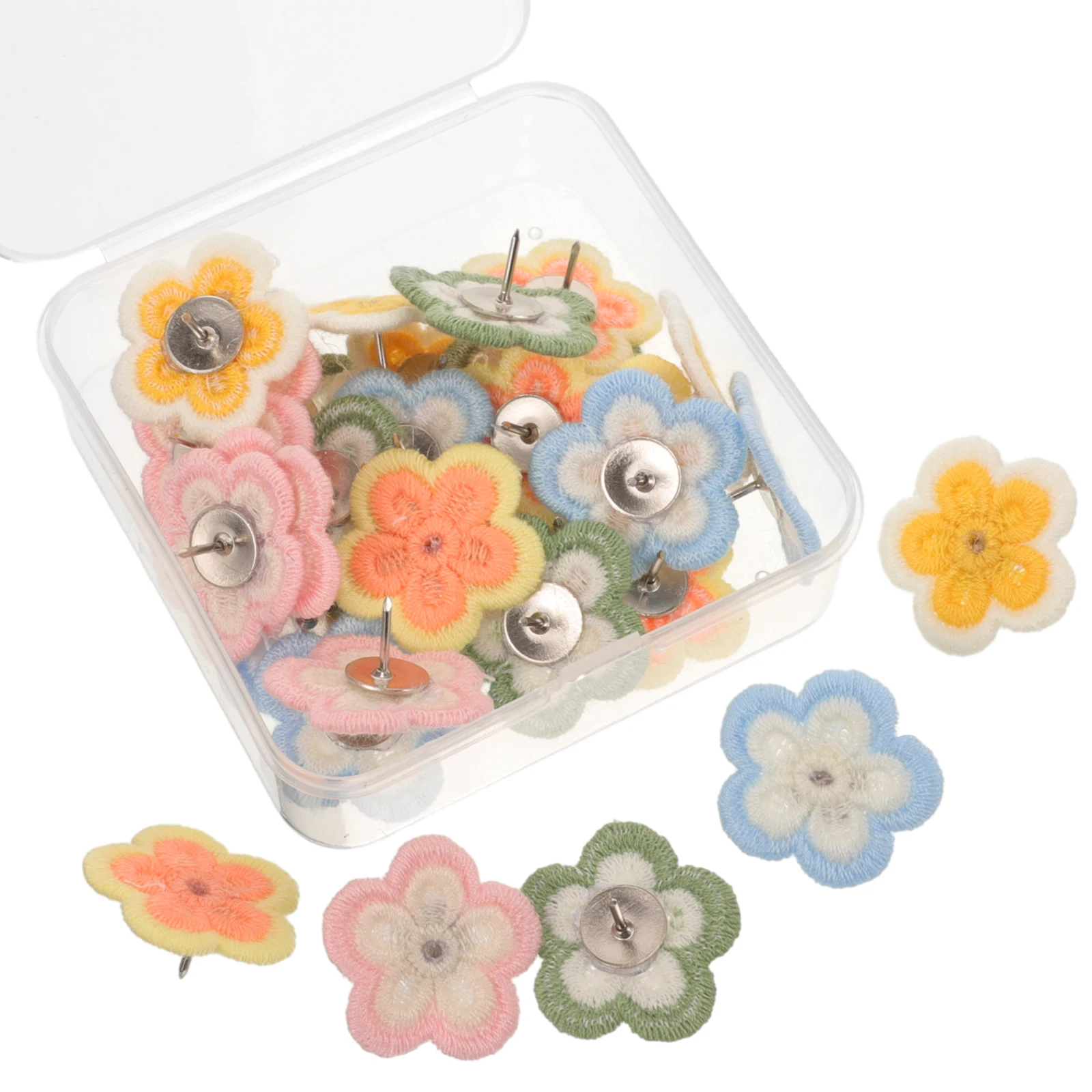 

30pcs Embroidered Push Pin Replaceable Flower Shaped Thumbtacks Compact Multi-Function Pushpins Home Office Accessories Cork