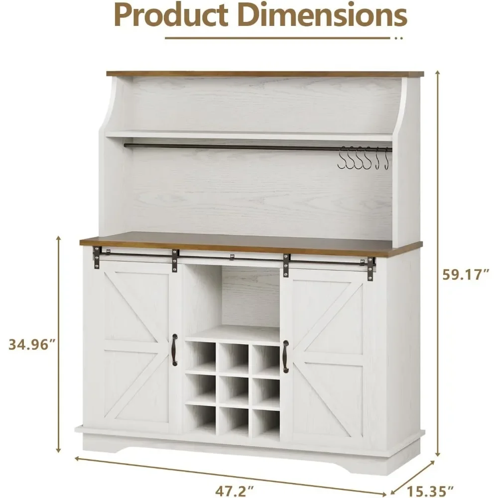 Grande armoire de bar de cuisine de 47 pouces avec rangement à 3 niveaux, supports à 9 vin et 3 supports en verre pour un style de ferme rustique