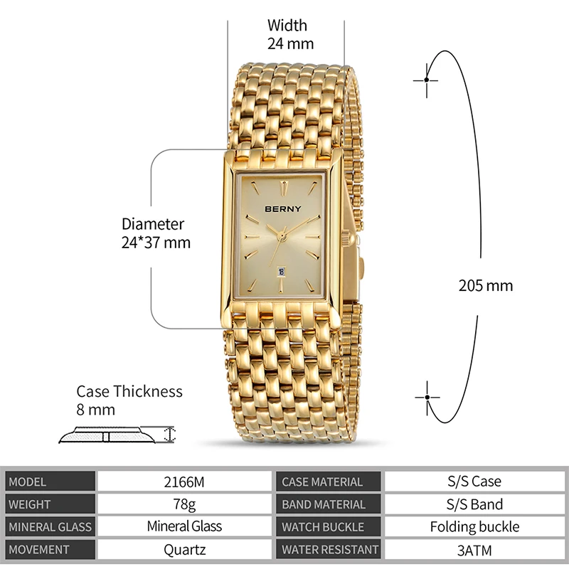 BERNY Quartz Men Watch Luxury Gold Brand Men\'s Wristwatch Square Waterproof Clock Stainless Steel Golden rectangular Men Watch