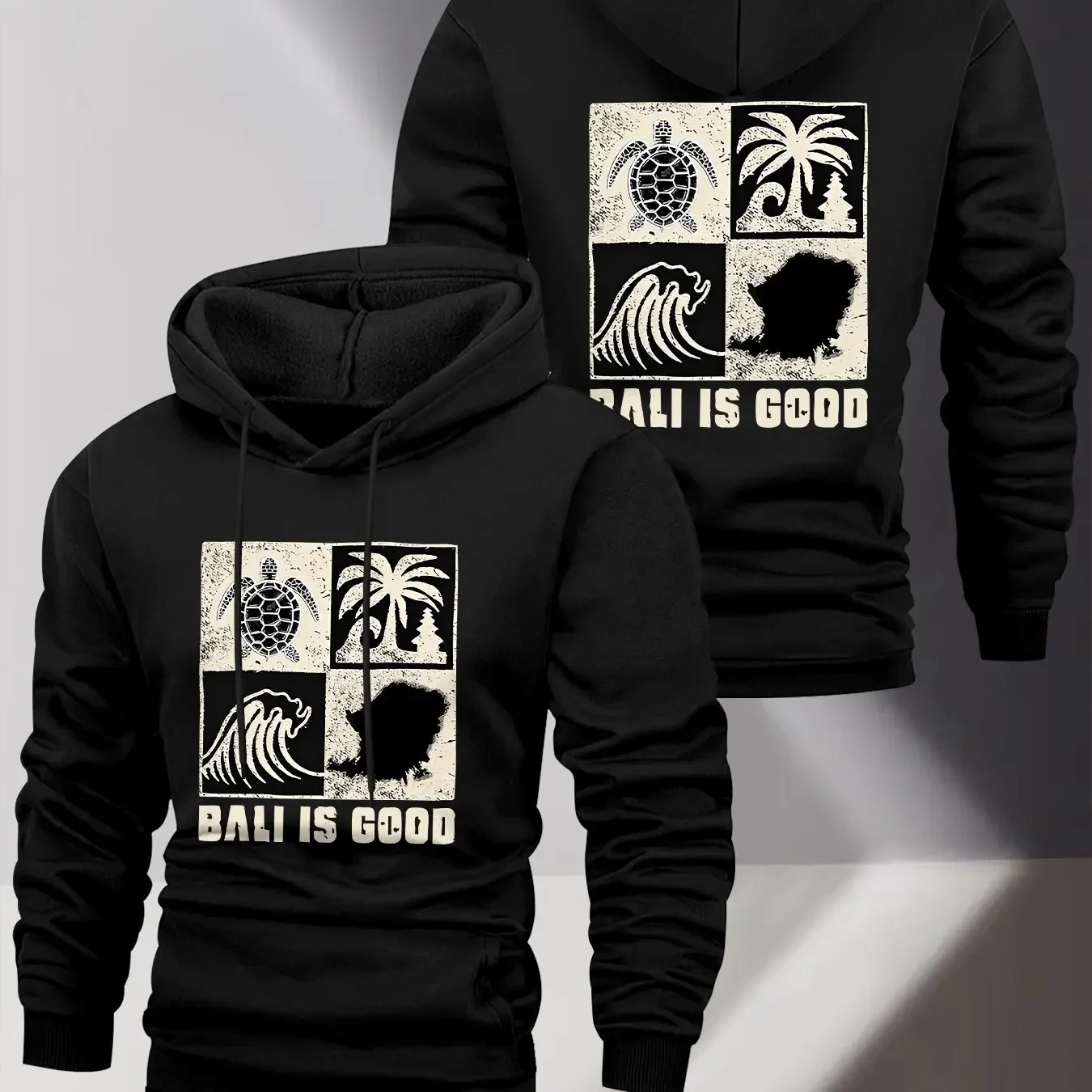 Men's Fashion Drawstring Sweatshirt with Kangaroo Pocket Bali Sea Turtle Palm Tree Pattern Casual Pullover Hoodie