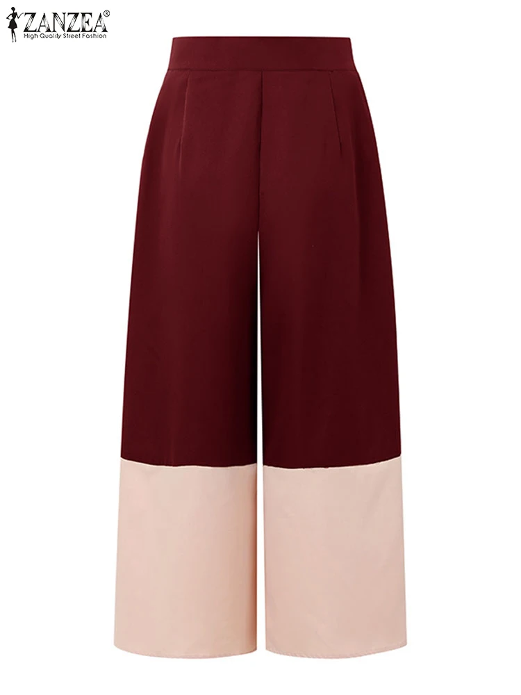 ZANZEA 2025 Fashion Women Long Trousers High Waist Pockets Wide Leg Pants Autumn Casual Color Patchwork Streetwear OL Pantalons