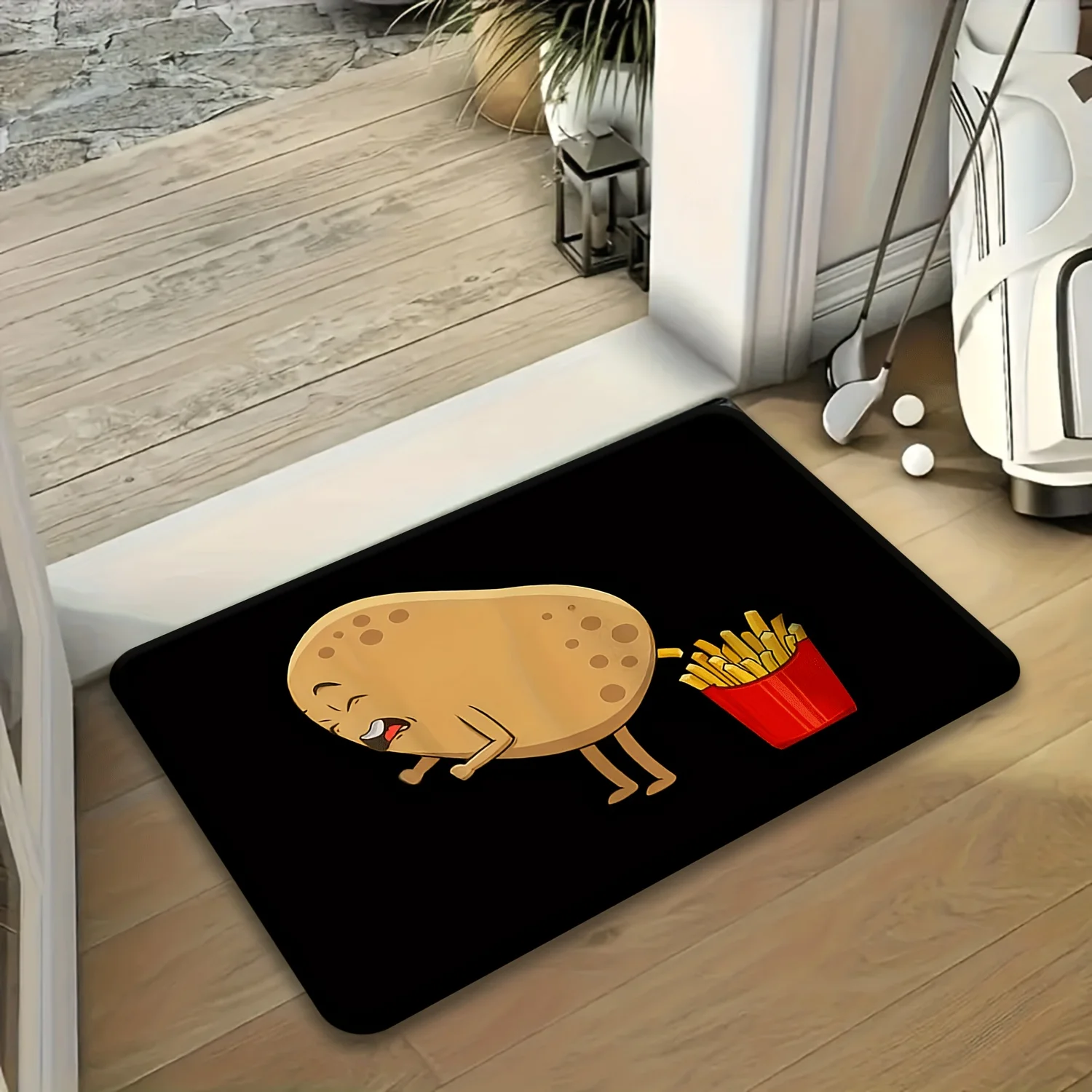 2D Flat Funny Potato Fries Cartoon Character Black Background Flannel Bath Mat Non Slip Novelty Kitchen Rug For Bathroom Floor