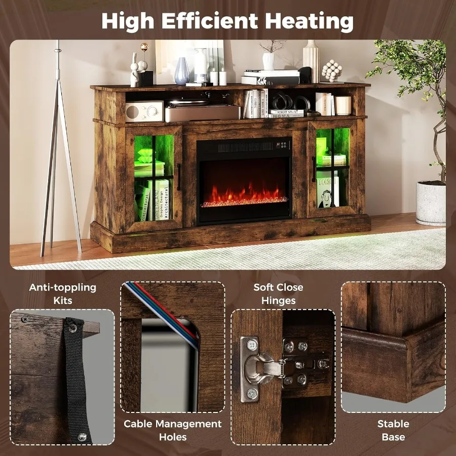 حامل تلفزيون مدفأة كهربائية مصمم لأجهزة التلفاز حتى 65 بوصة يتميز بأضواء LED المحيطة وجهاز التحكم عن بعد قابل للتعديل I #6