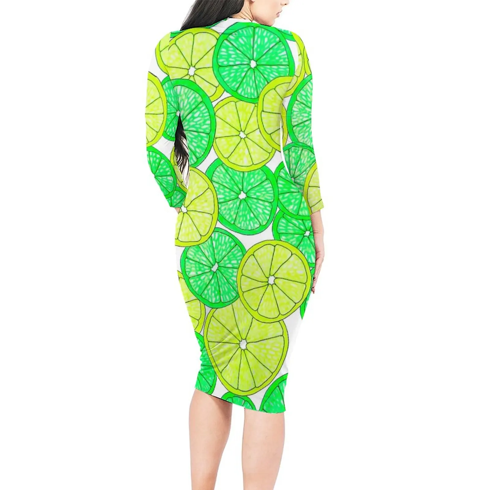 Lemon And Lime Bodycon Dress Female Bright Citrus Fruit Sexy Dresses Holiday Long Sleeve Aesthetic Custom Dress Big Size 4XL 5XL