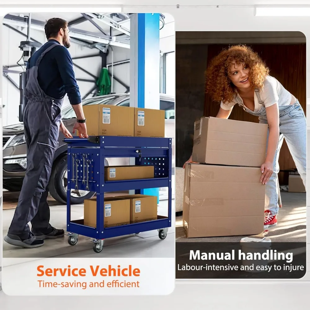 عربة أدوات دوارة شديدة التحمل مكونة من 3 طبقات مع درج وسعة تحميل 350 رطل لتخزين الأدوات