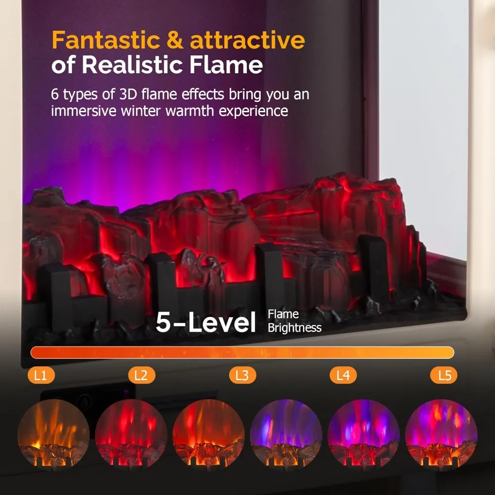 موقد كهربائي، سخان قائم بذاته 23 بوصة ارتفاع مع تأثير لهب واقعي، تطبيق وجهاز تحكم عن بعد، مؤقت، درجة حرارة قابلة للتعديل