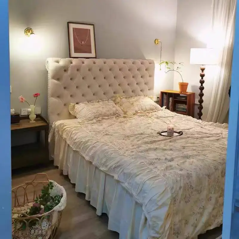 French retro master bedroom upholstered headboard American pull-button bedside backrest cream style high backrest bedside single