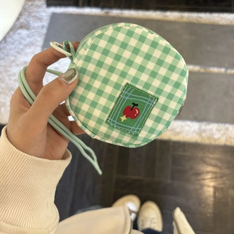 Hot selling cute green apple round coin wallet, green grid mini headphone storage bag, portable fabric card wallet