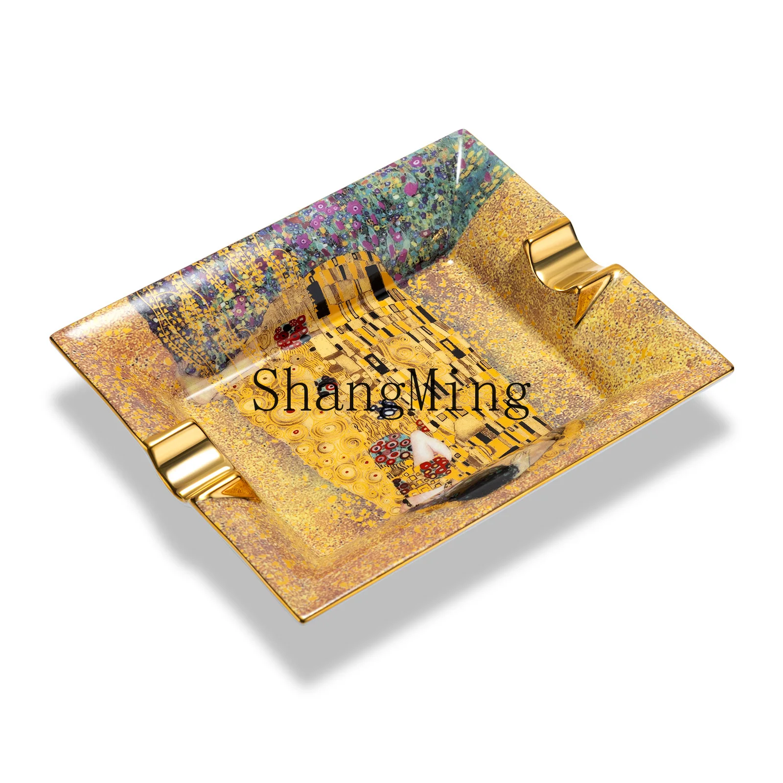 

PYH Luxury Cigar Ashtray Retro Creative with 2 Slots Home Ceramic Cigarette Plate Decoration Famous Painting