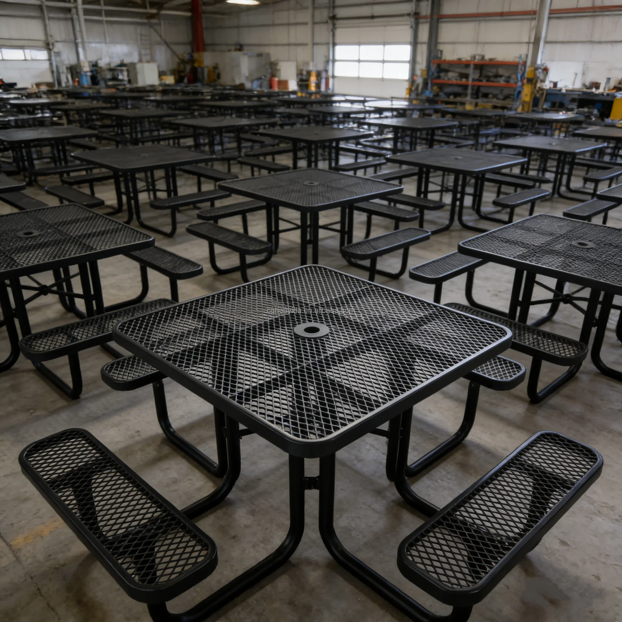 Outdoor Furniture  Park Thermoplastic Coating Expanded Steel Picnic Table and Bench Street Metal Bench Public 6ft 8ft Mesh Bench