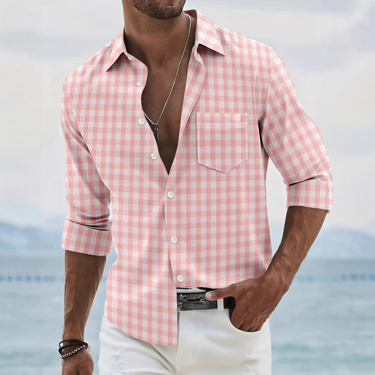 New Fashion Men's Yarn-Yarn Plaid Pocket Casual Long Sleeve Shirt