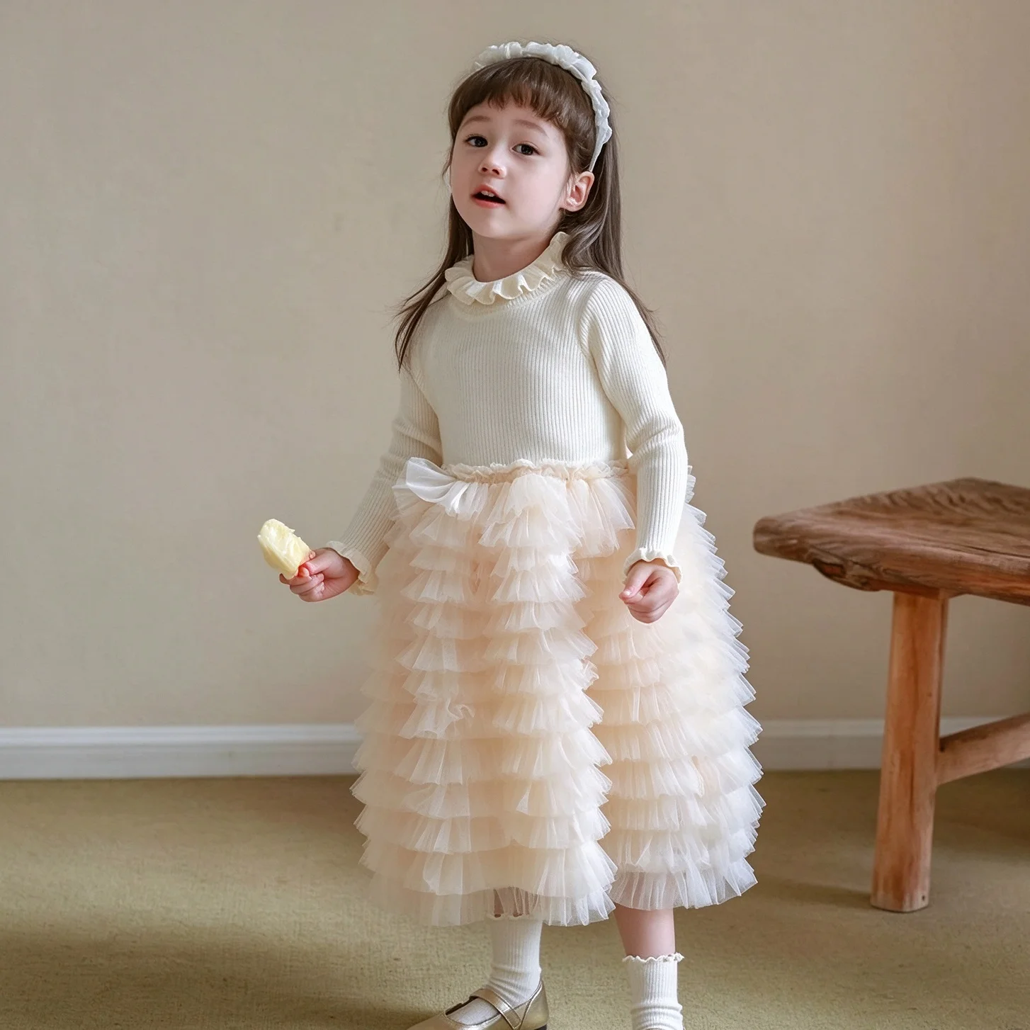 Autumn Winter Little Girls Princess Dress, Ruffle Collar Knit Bodice Patchwork Tulle Puffy Tutu Skirt, Kids Birthday Party Gift