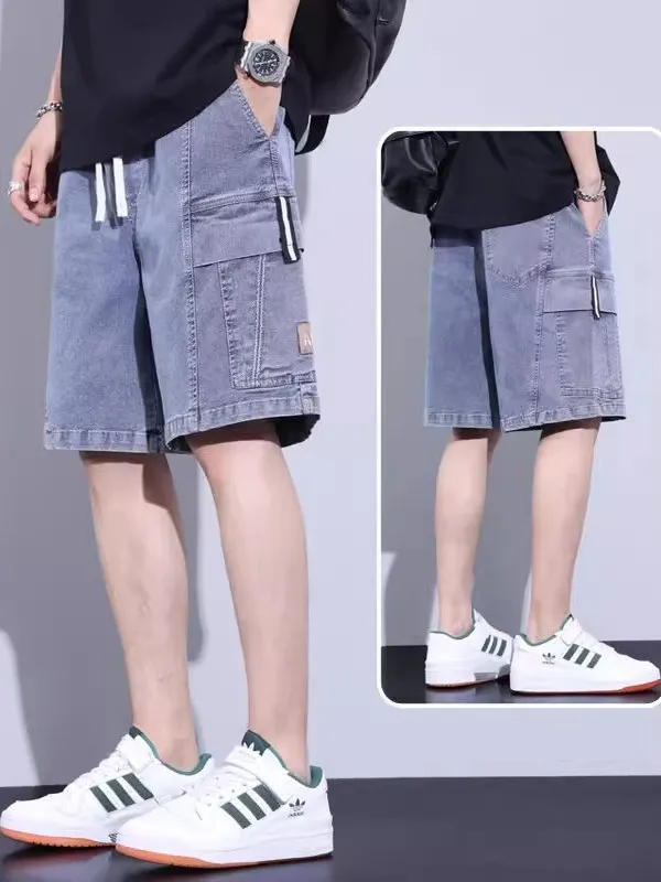 

Summer Thin Ice Silk Loose Jeans orts Men's Casual Straight Leg Five-Quarter Length Trousers Workwear Denim Mid-Waist
