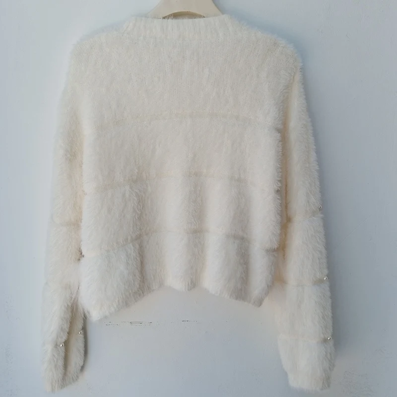 Short Real Fox Fur Trim Knitted Cardigan Sweater With Button Women Autumn V-neck Long Sleeve Knitwear Sweater