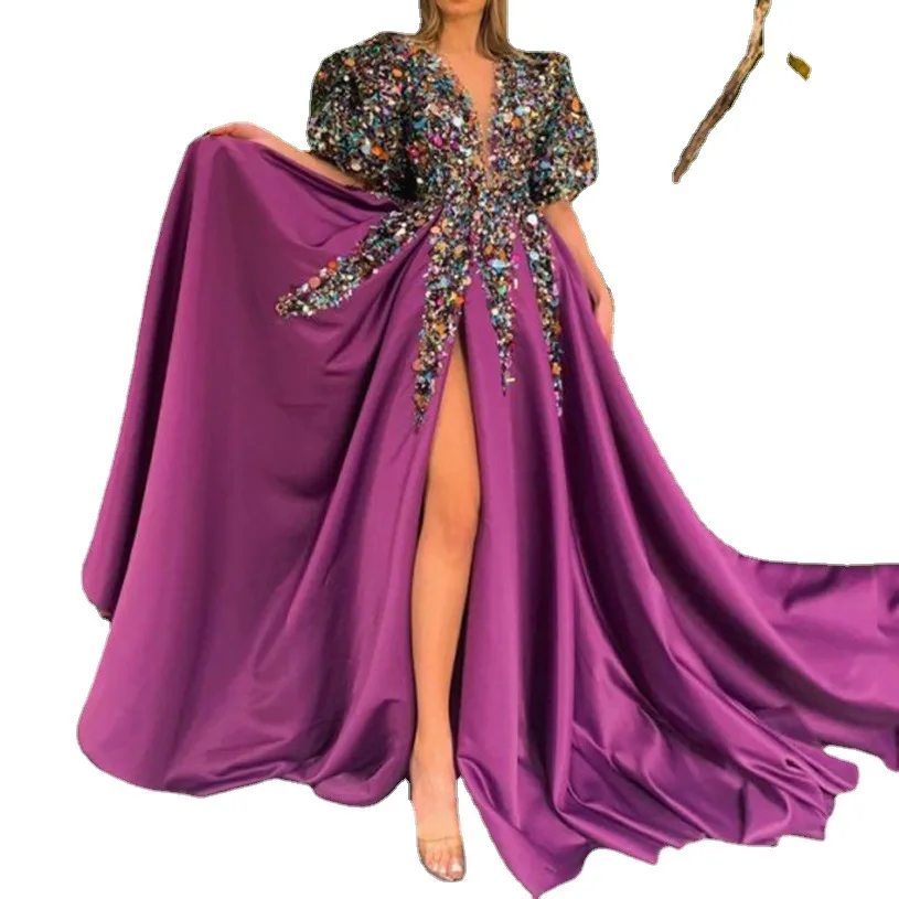 Sexy Sequins  Dress Woman V-neck Banque Fashion Gothic Split Long Skirts Party Clothes Ball Gown Dresses for Women