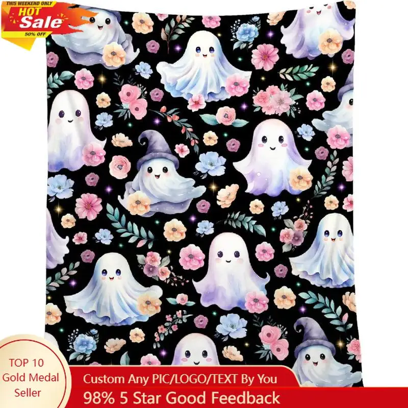 

Cute Halloween Blanket for Girls Boys Black Ghost Flower Blanket for Women Men Soft Lightweight Throw Cozy Bedding Sofa Decor
