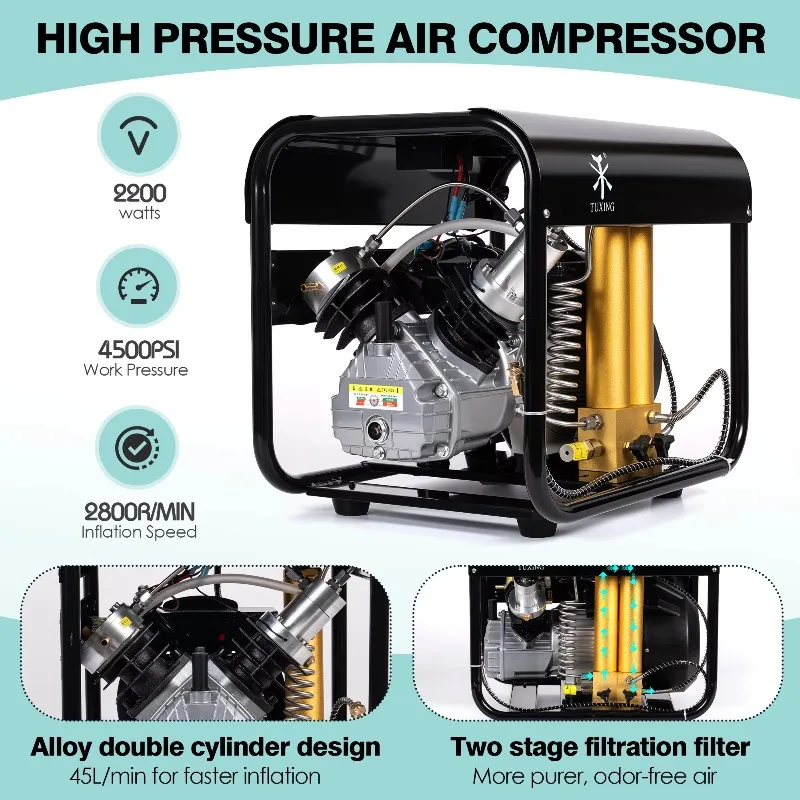 Factory Wholesale Double-Cylinder 300Bar/4500Psi Built-in Filter Water-oil Separator Snorkeling Paintball Air Compressor