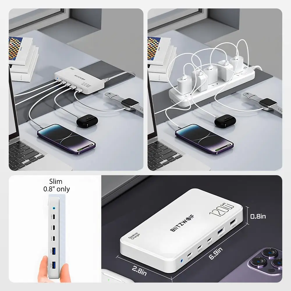 [GaN Tech] Blitzwolf BW-i100 120 واط 5-Port USB PD شاحن 2USB-A + 3USB-C PD3.0 QC3.0 AFC FCP SCP PPS PE APPLE شحن سريع لسطح المكتب