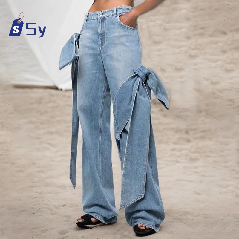 Sy2024 Autumn/winter Patchwork Bow Jeans For Women High Waist Patchwork Pocket Street Wear Full Pants Women Fashion Bottoms