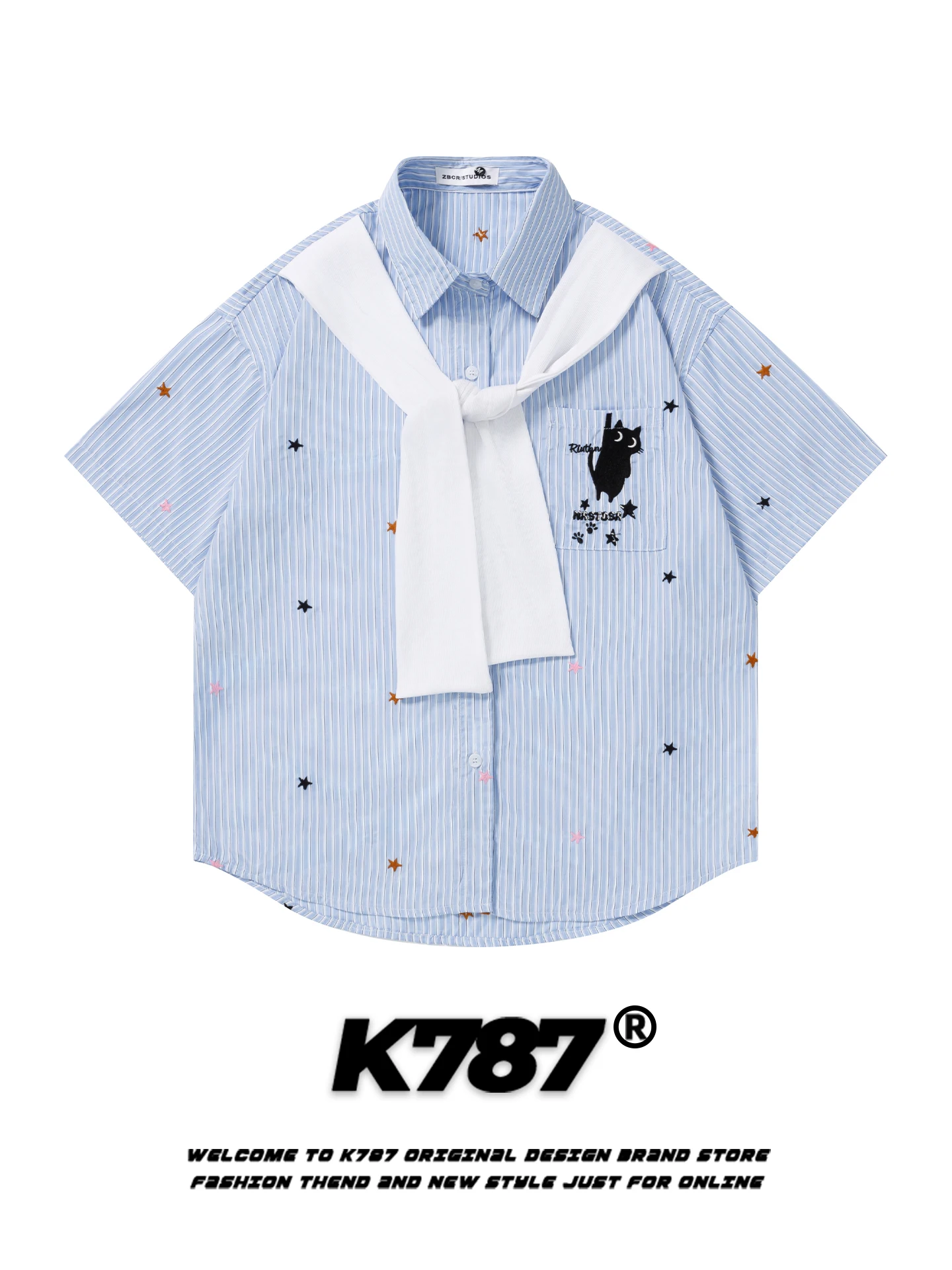

K787 American Casual Embroidered Star ort Sve irt Loose College Sle Outerwear Summer Men's Women's Spring Autumn