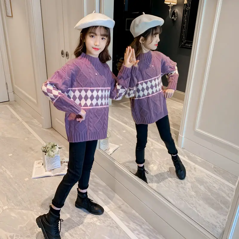 Girls Sweater 2024 New Children\'s Fashion Autumn Winter Plush Thickened Winter Knitted Baby Girl Clothes 5 6 7 8 10 12 Years Old