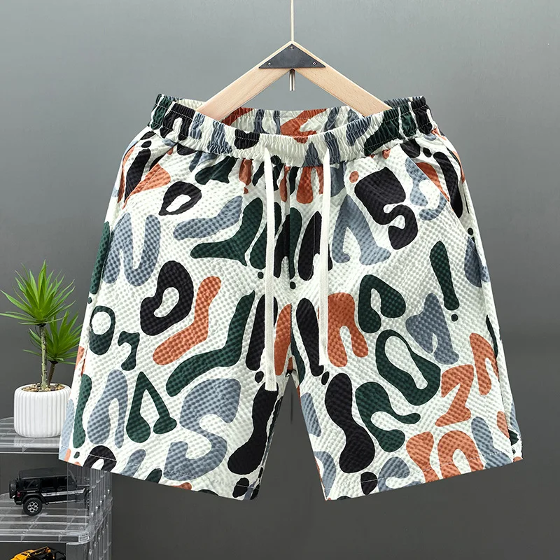 Printed Camouflage Waves Texture Shorts Elastic Drawstring Straight Beach Drawstring Shorts Breathable Outdoor Leisure Shorts