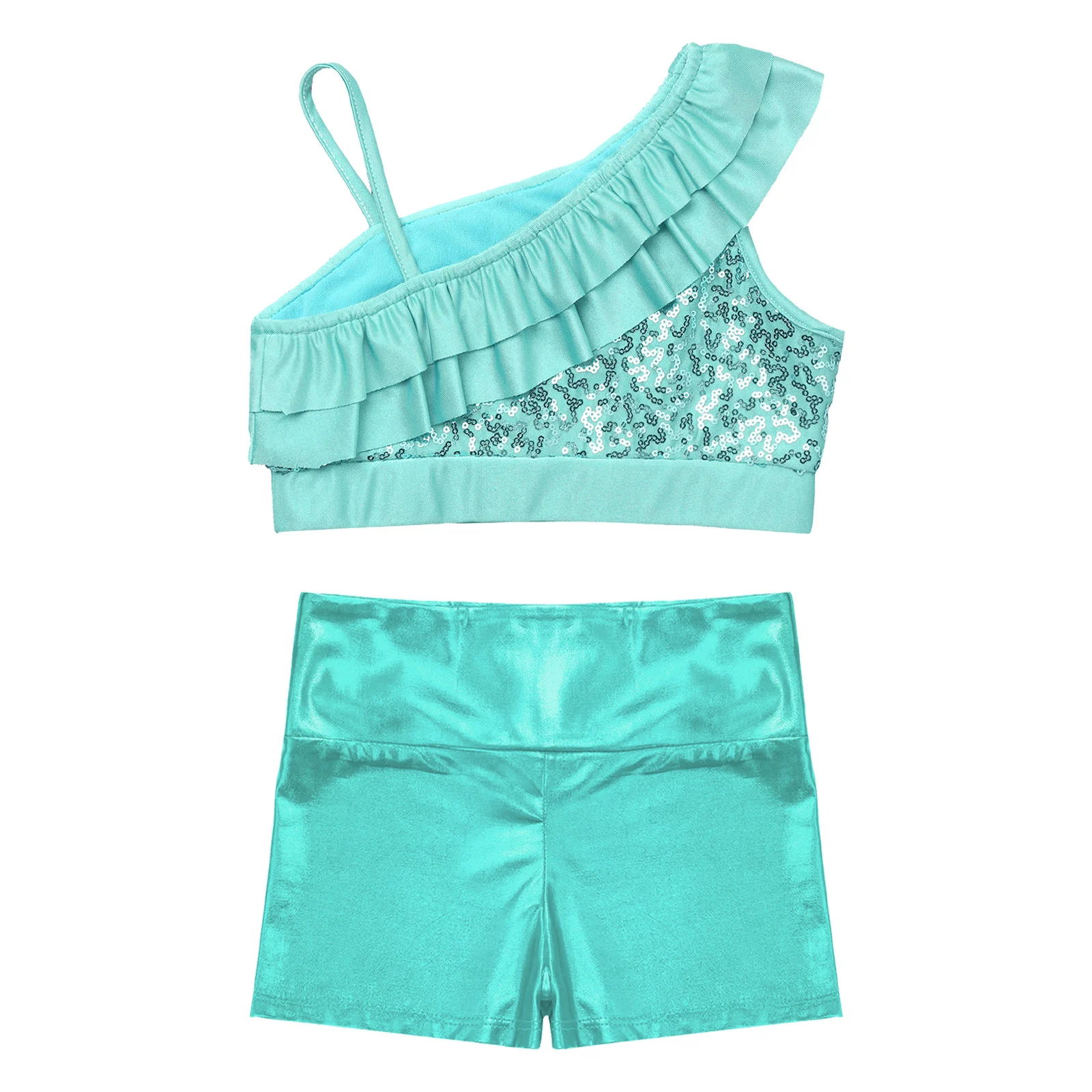 Bambini ragazze paillettes lucide danza Crop top e pantaloncini Set per danza classica ginnastica Performance sul palco costumi da ballo Dancewear