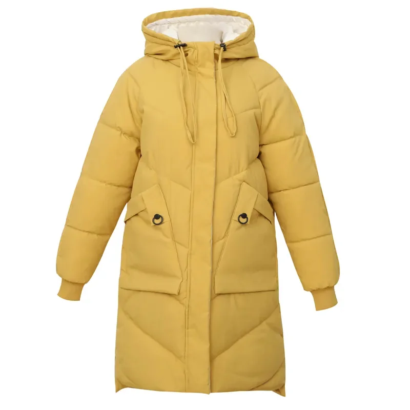 

Winter Mid-Long Down Cotton Jacket Women 2023New Stand-Up Collar Hooded Coat Pure Colour Outerwear Thicken Parka Overcoat Female