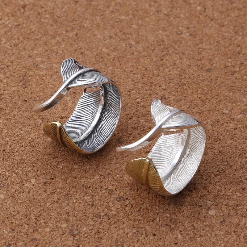 S925 Sterling Silver eagle SerieS jewelry faShionable and Simple retro golden feather trendy open ring for men and women