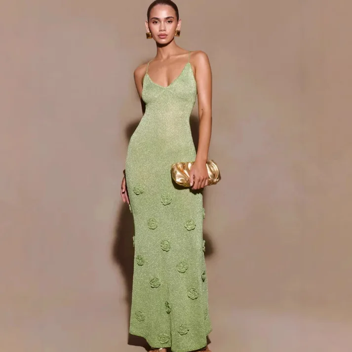 

Solid Color Slim Dress Knitted Suspender Skirt Summer Dress Women's V-neck Skirt European and American Women's Clothing