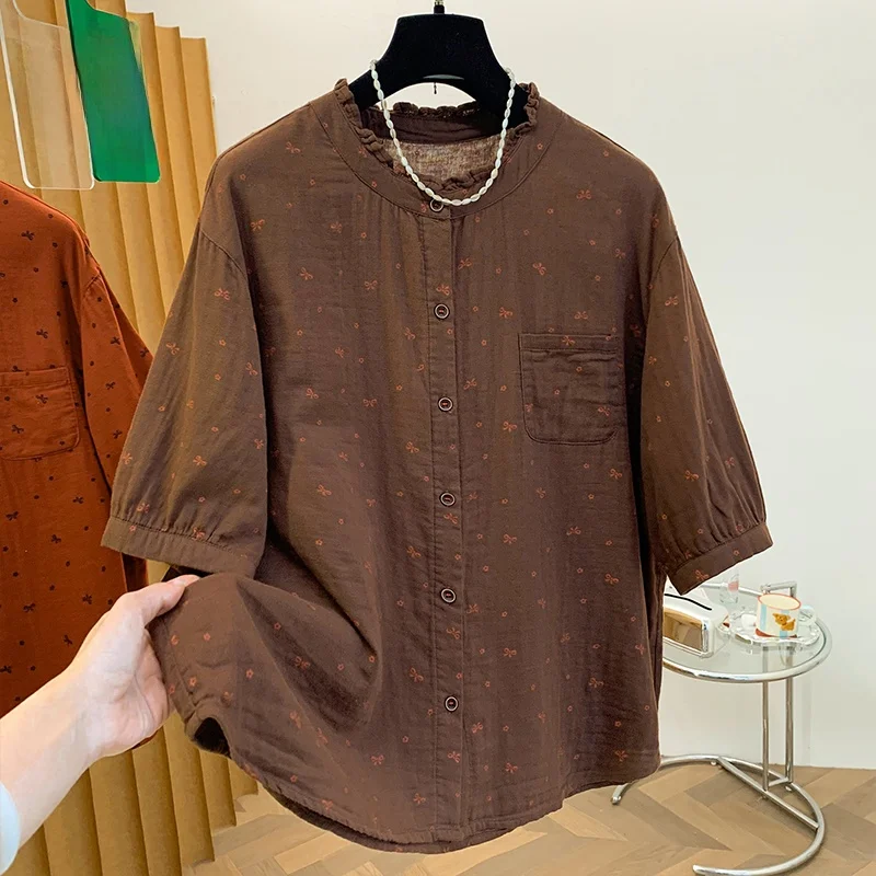 

plus Size Women's Cotton Shirt Summer New Style Double Layer Short Sleeve Outerwear Versatile Top Breathable Comfortable Casual