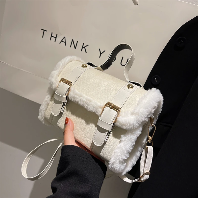 Winter Crossbody Bags for Women New Lamb Plush Velvet Patchwork Pu Leather Lady Handbag Soft Versatile Commuter Small Square Bag