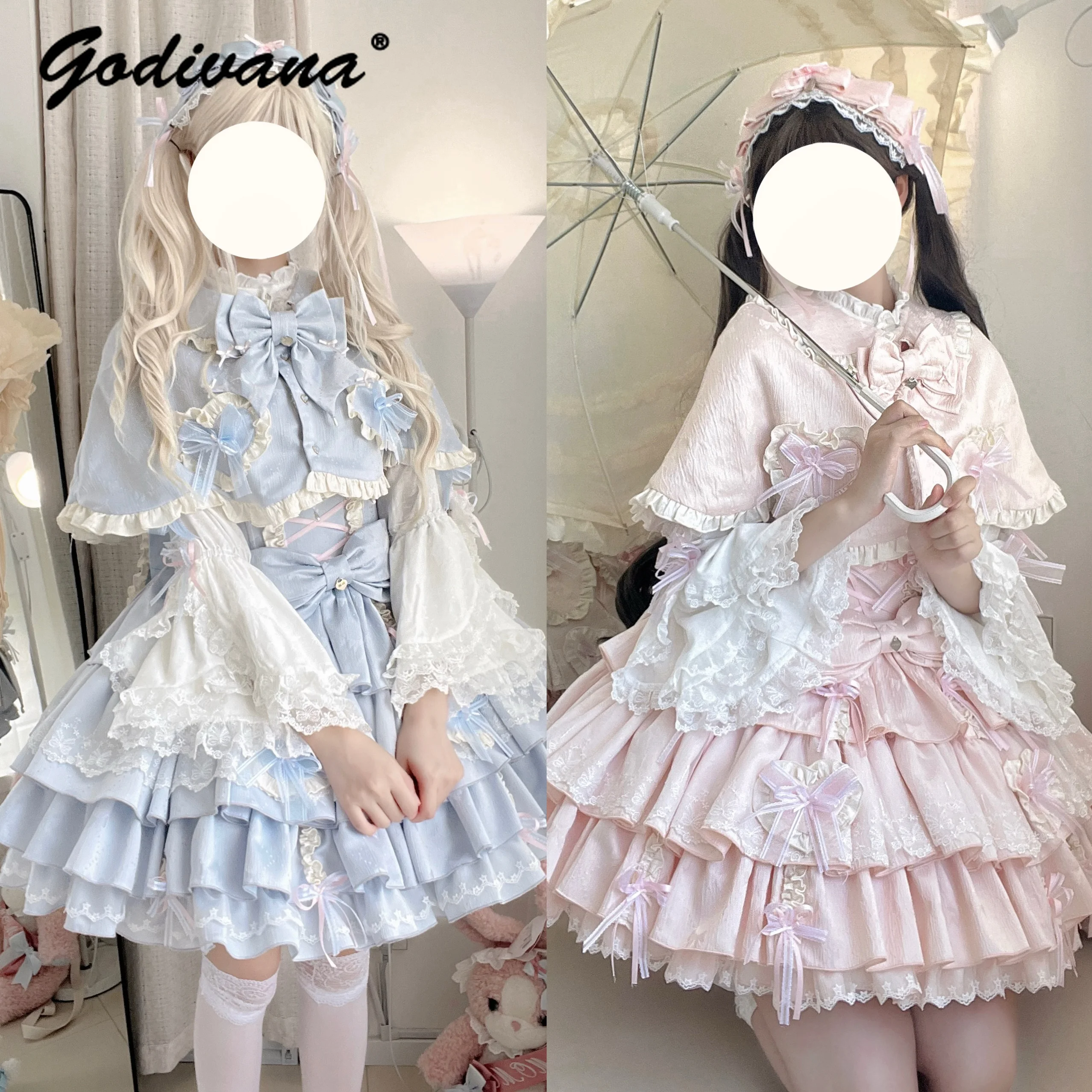 Original Sweet Cute Girl Women's Lolita Lace Satin Bow Slim Jsk Dress and Cloak Cos Lace Long Sleeve Shirt Lolita Outfits