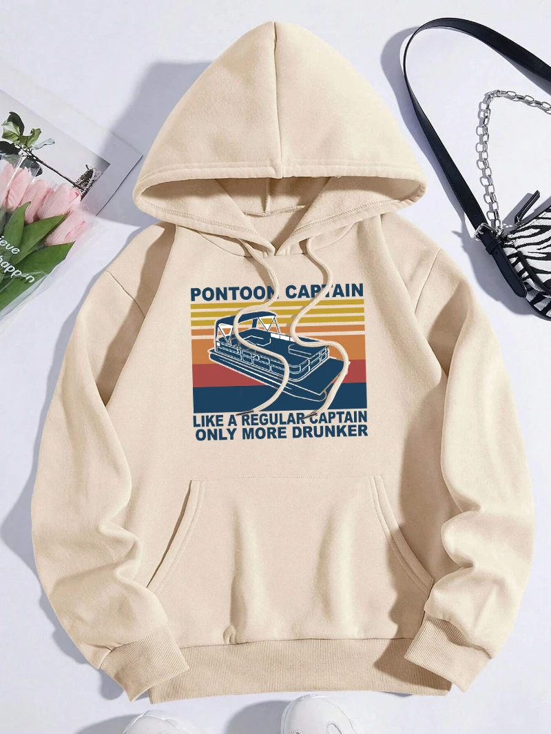 Pontoon Captain Hoodies Womens Vintage Printed Sweatshirt Fleece Warm Pocket Loose Pullover Winter Comfortable Woman Clothes