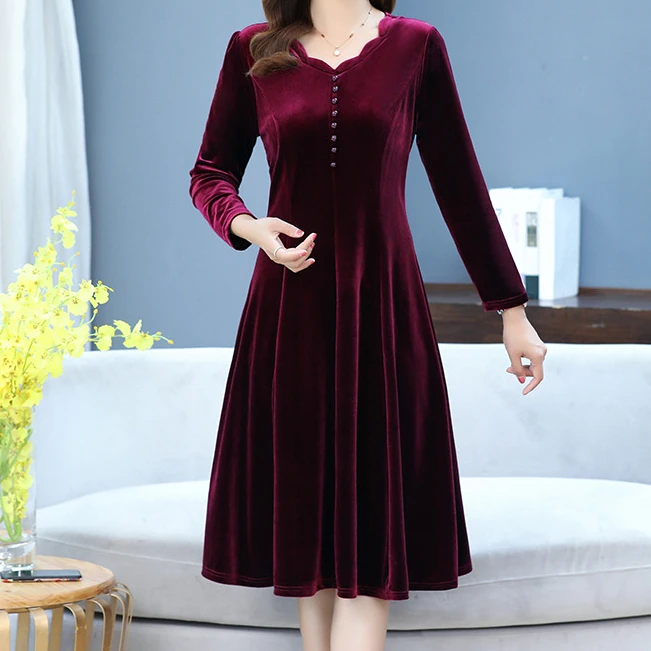 Velvet Long Sleeve Dress Autumn 2024 New Solid Color Elegant Women's Dress