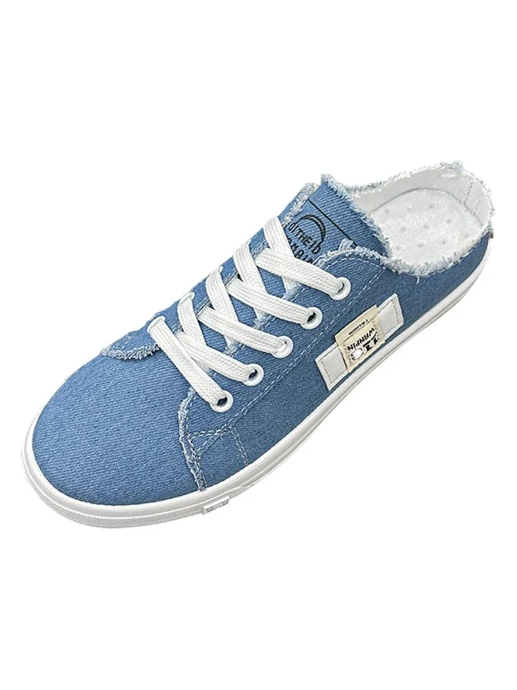 Femmes toile chaussures printemps été tout-match baskets plates femmes coréennes bas supérieur demi pantoufles à lacets chaussures zapatos de mujer