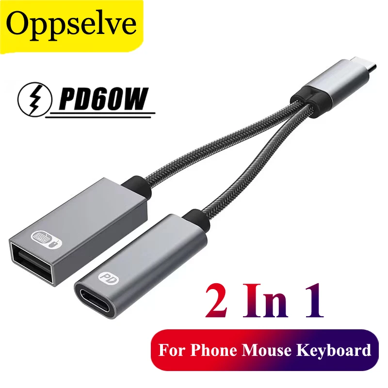 2 In 1 USB C OTG Cable Phone Adapter Type C To USB A Splitter With PD Charging Port For Xiaomi Samsung Keyboard Laptop Tablet