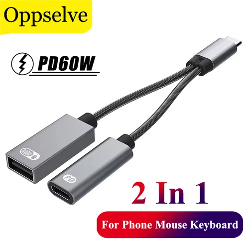 2 in 1 USB C OTG 케이블 전화 어댑터, 샤오미 삼성 키보드 노트북 태블릿용, PD 충전 포트 포함, C타입-USB A 분배기 