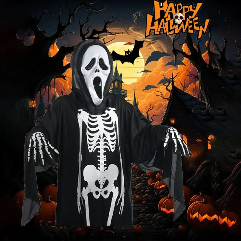 90/120CM Halloween Cosplay Skeleton Costume with Mask Gloves Skull Skull Clothes Robe Adult and Children Decoration Set