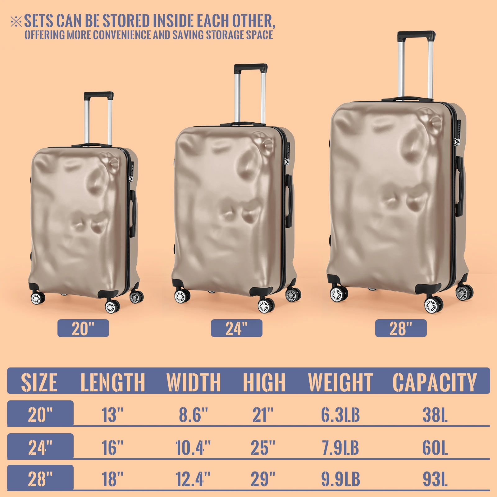 Ensemble de forme concave de collision avec roues rotatives, verrouillage TSA pour bagages à grande capacité, embarquement dur, 3 pièces, 20 po, 24 po, 28 po