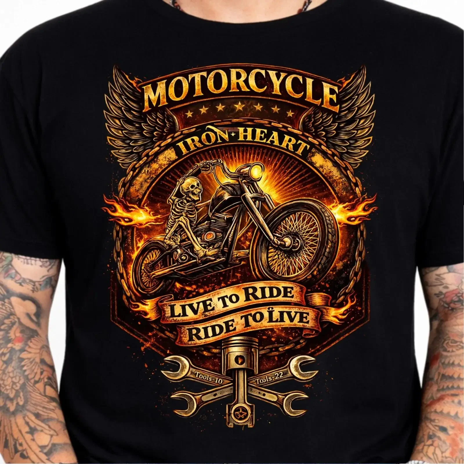 Motorcycle Iron Heart Live To Ride Skeleton Biker Chopper Flames T Shirt Image 1 of 4 vintage Washed Stylish Comfortable Unisex