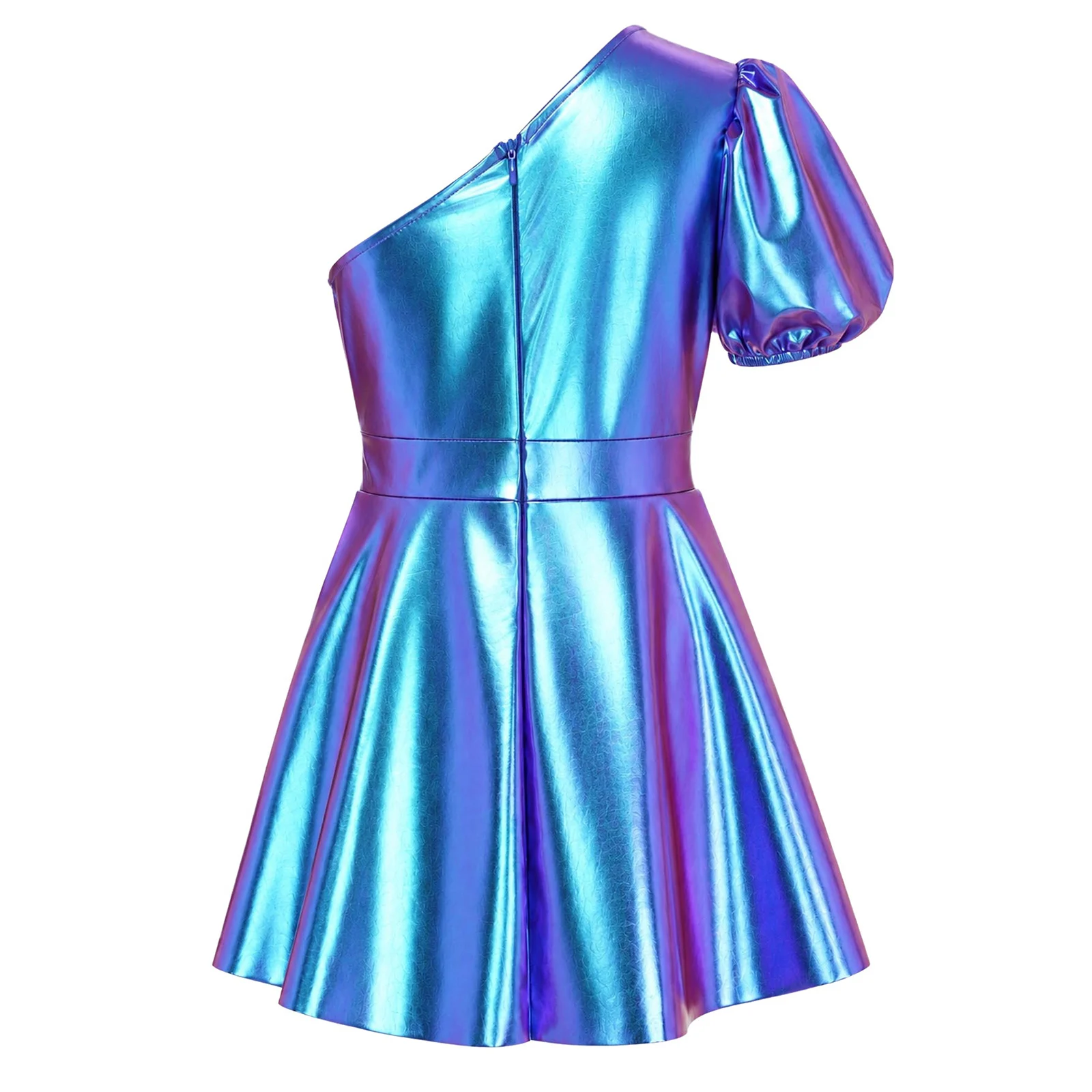 Kids Girls One Shoulder Metallic Jumpsuit Puff Sleeve Shiny Skirted Leotard Short Unitard Xmas Disco Jazz Dance Pageant Rompers