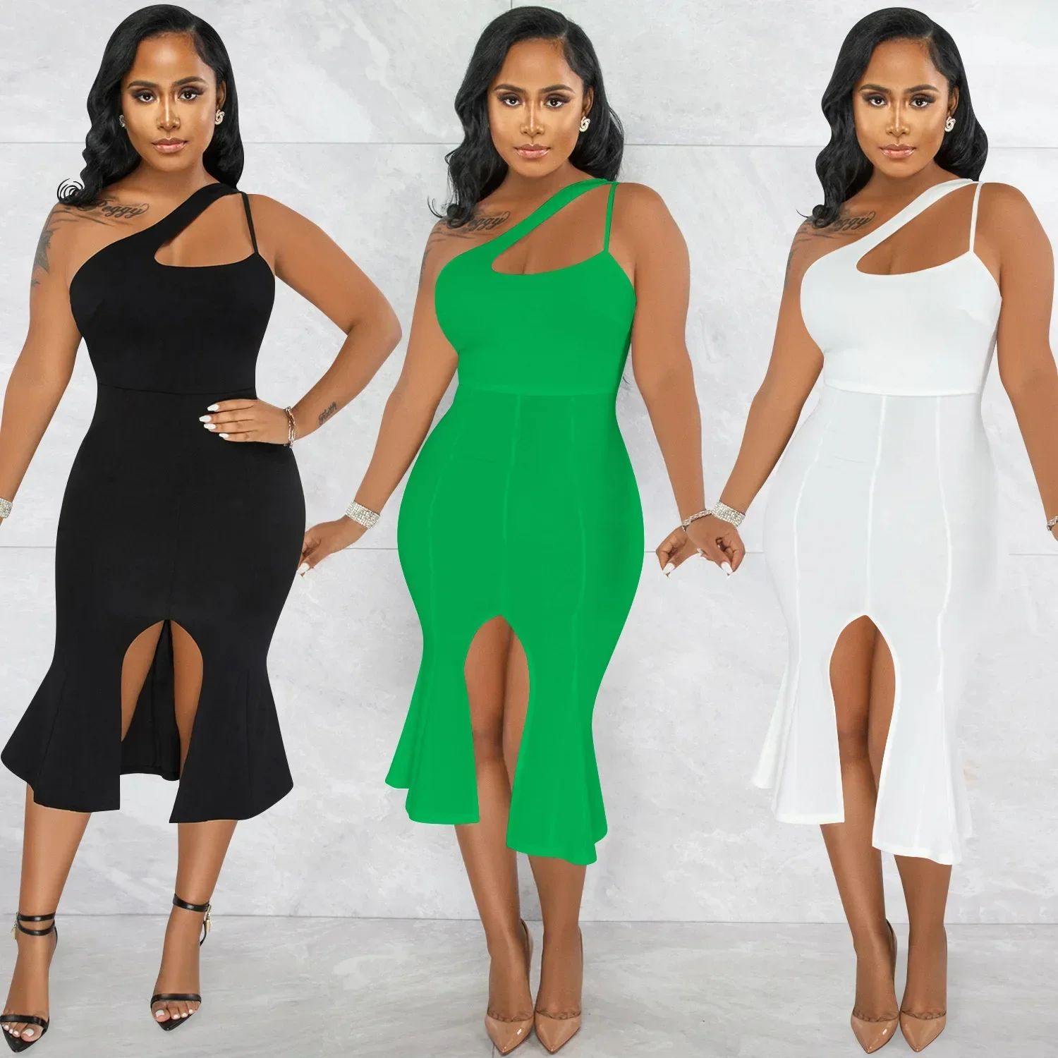 

Plus Size 9XL 8XL 7XL 5XL 2025 Summer Women's Slanted Neck One-shoulder Suspender Sleeveless Irregular Split Long Dress
