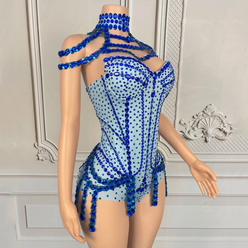 Women Group Jazz Dance Costume Blue Rhinestones Bodysuit Halloween Bar Nightclub Ds Dj Gogo Dancer Outfit Rave Wear XS9691