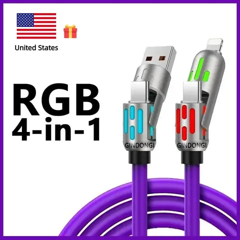 Câble de chargement USB 4 en 1 tout-en-un (USB A/Type C/Lightning) - Charge rapide maximale de 240 W, lumière respiratoire pour téléphones/tablettes