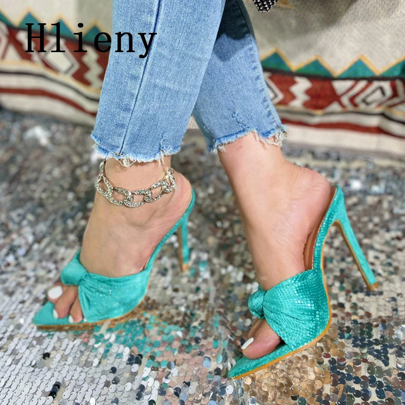 Hlieny 2024 New Summer Slippers Design Women Cozy Pleated Leather Thin High Heels Sandals Sexy Pointed Toe Slides Party Shoes