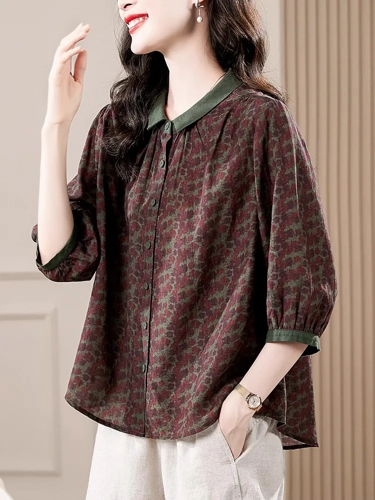 Retro plus Size Women's Shirt Loose Fit Floral Print Seven-Quarter Sleeve Cover up Top Summer New Arrival Collar Button ...