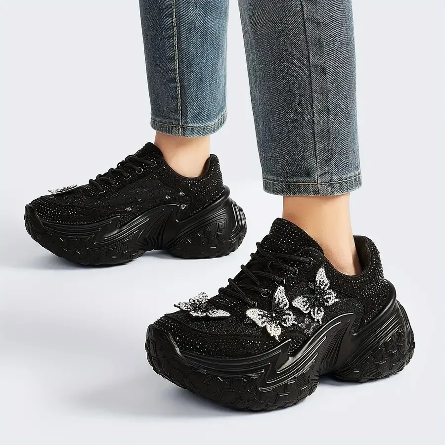 

LUCKY STEP Women'S Stylish Shiny Thick-Soled Shoes Everyday Outfit Rhinestone Butterfly Casual Sneakers. Women Shoes